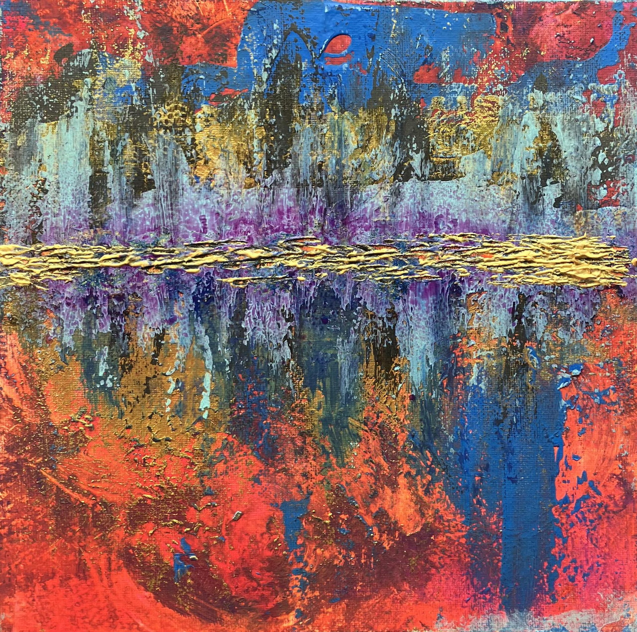 Abstract painting with vivid red, blue, orange and purple colors reflected symmetrically across center horizontal line