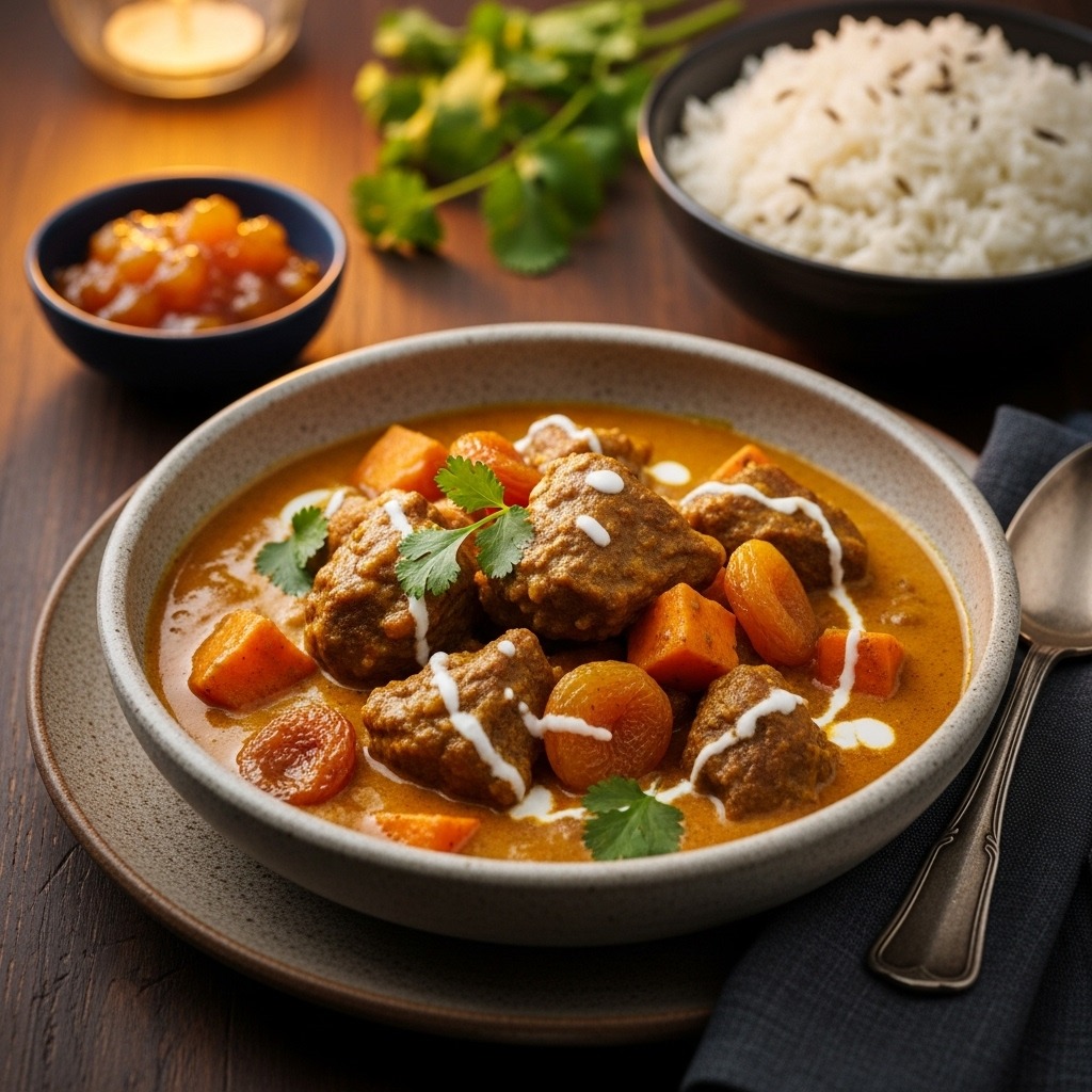 Bowl of meat curry with carrots and cream drizzle, served with rice and chutney on a wooden table