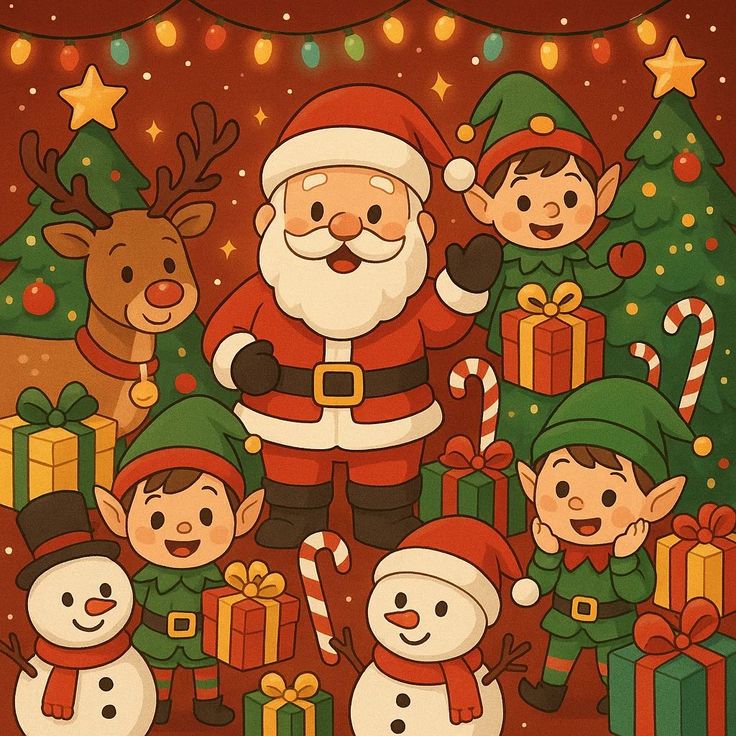 Santa Claus with elves, reindeer, snowmen and Christmas gifts in cartoon style