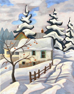 Painting of a white cottage blanketed in snow with evergreen trees and a bare tree with red berries