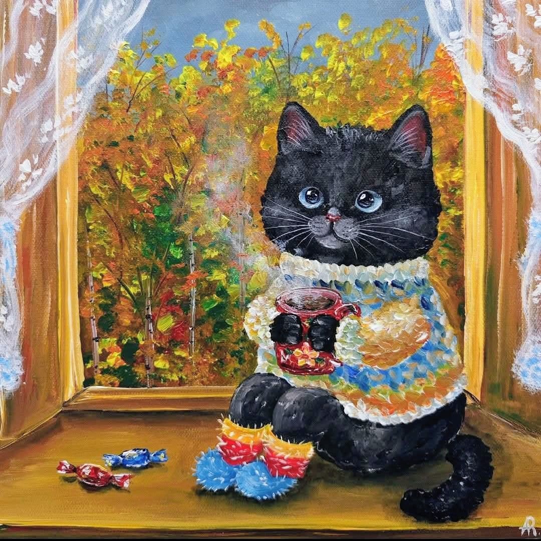 Black cat in decorative collar sitting by window with autumn trees, holding flower basket