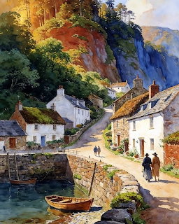 Watercolor painting of a small coastal village with white cottages, stone harbor, and wooden boat beneath cliffs