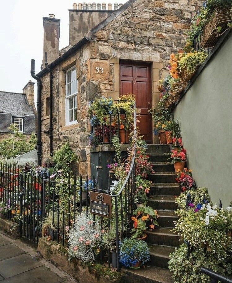 Stone cottage with wooden door, flower pots on stairs, and climbing plants on aged stone walls