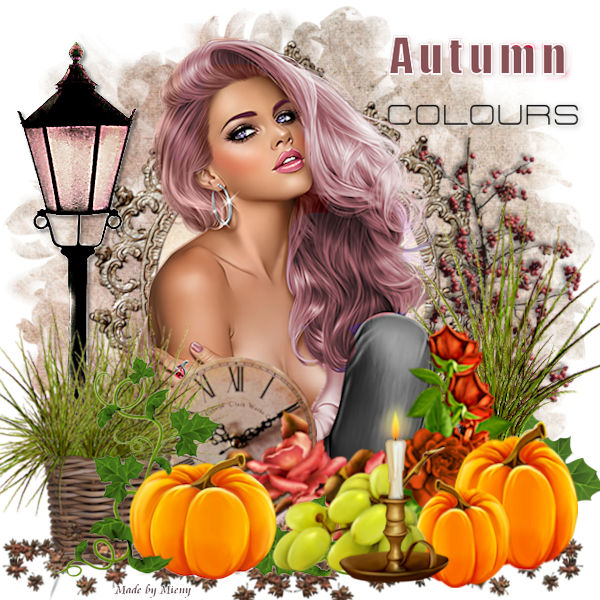 Illustration of a woman with pink hair posed among pumpkins, fruits, and autumn foliage with a vintage lamp