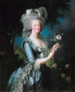 Oil painting of Marie Antoinette in blue silk dress holding a rose with feathered powdered wig