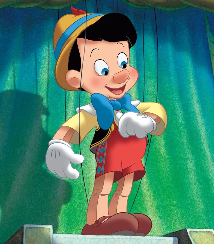 Pinocchio cartoon character as a marionette puppet on a stage with green curtains