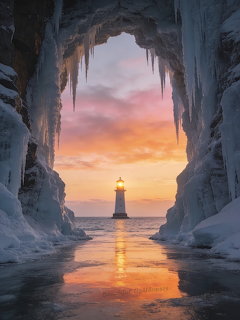 Lighthouse viewed through ice cave archway with icicles and colorful sunset sky reflected on frozen water