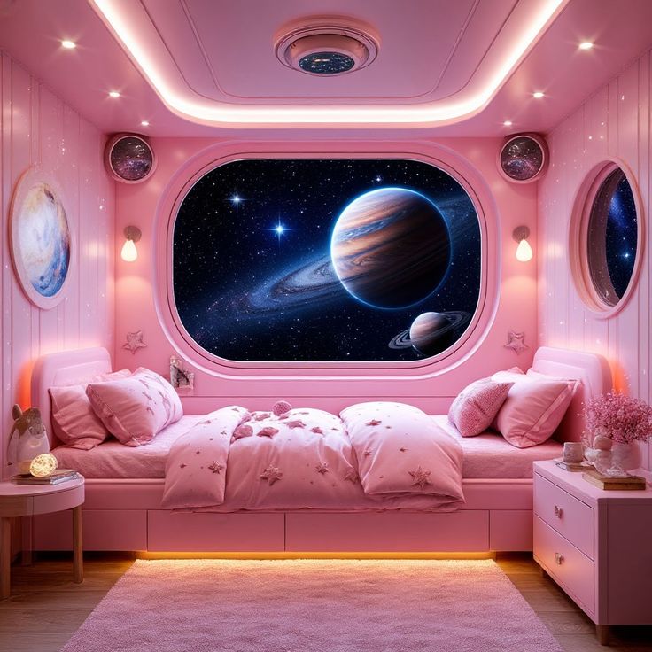 Pink futuristic bedroom interior with large window showing space view and illuminated by soft pink LED lights