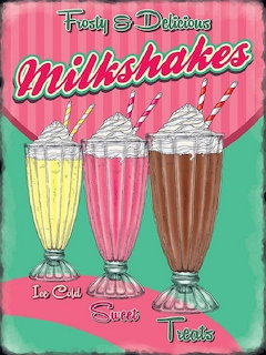 Retro illustration of three milkshakes with whipped cream and striped straws on a pink and teal background