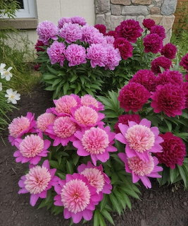 Pink and magenta peony flowers blooming in garden bed beside stone wall