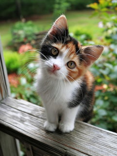Calico kitten standing on a wooden railing with a tilted head and blurred garden behind