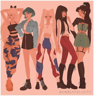 Anime-style illustration of five young women in stylish outfits standing against a pink background