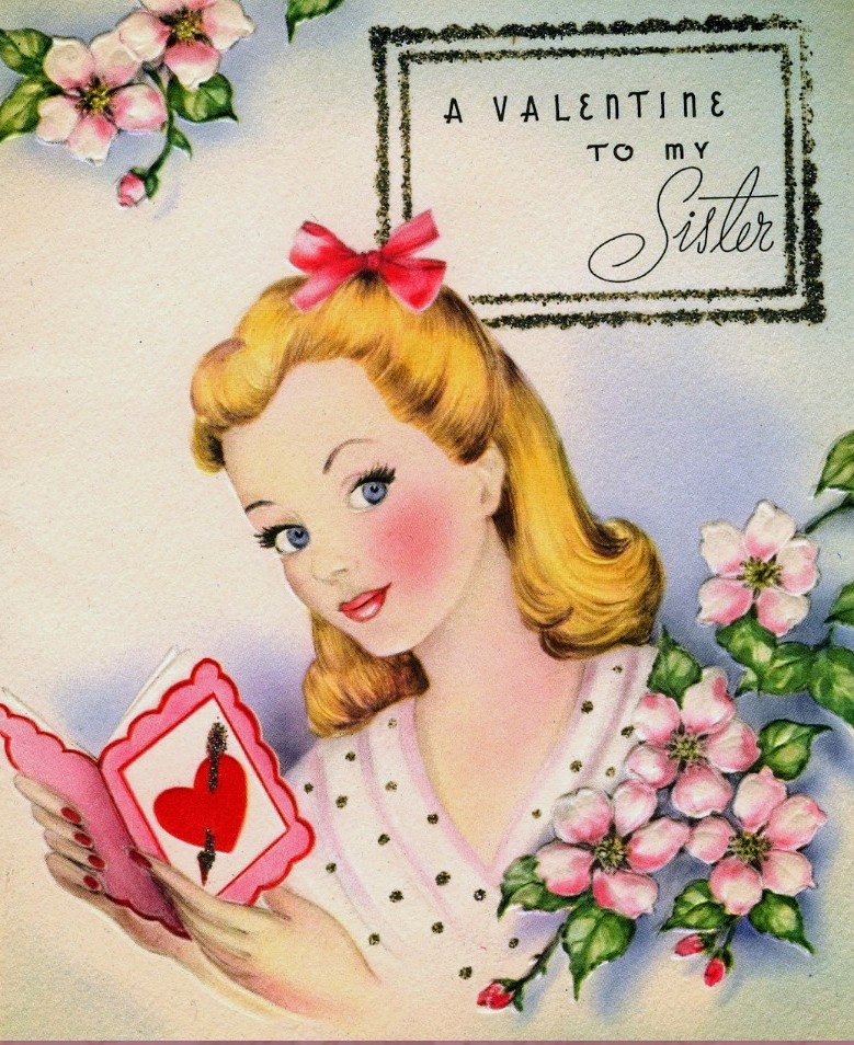 Vintage illustration of a blonde girl holding a valentine card with pink flowers around her