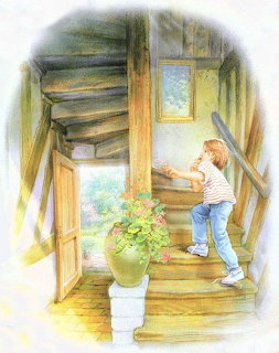 Watercolor painting of child ascending wooden staircase in sunny cottage with flower pot