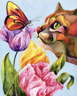 Orange cat looking at butterfly on pink and yellow tulips, watercolor painting