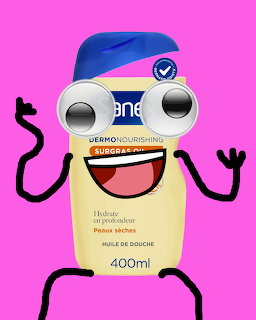 Animated cartoon character shaped like a Dove 400ml shower gel bottle with googly eyes and a smile on pink background