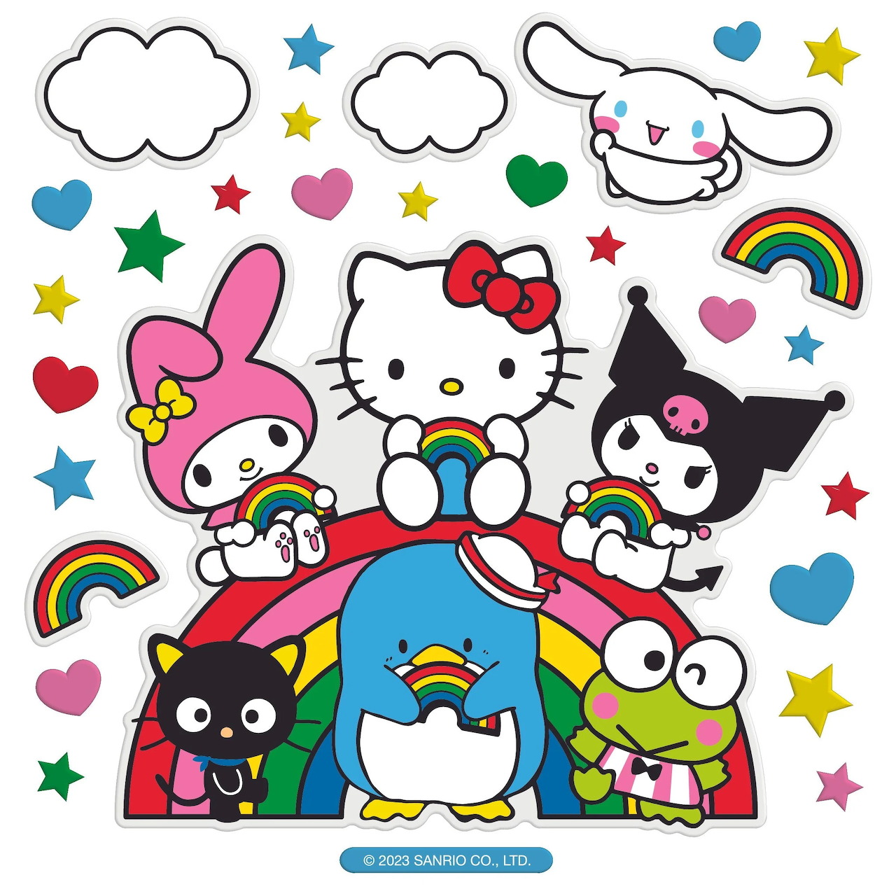 Hello Kitty and six Sanrio characters grouped on a rainbow with hearts, stars and clouds on white background