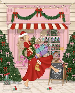 Christmas shop entrance with Santa figure, decorated trees, and holiday garland