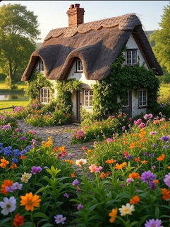 Thatched cottage with colorful flower garden in foreground