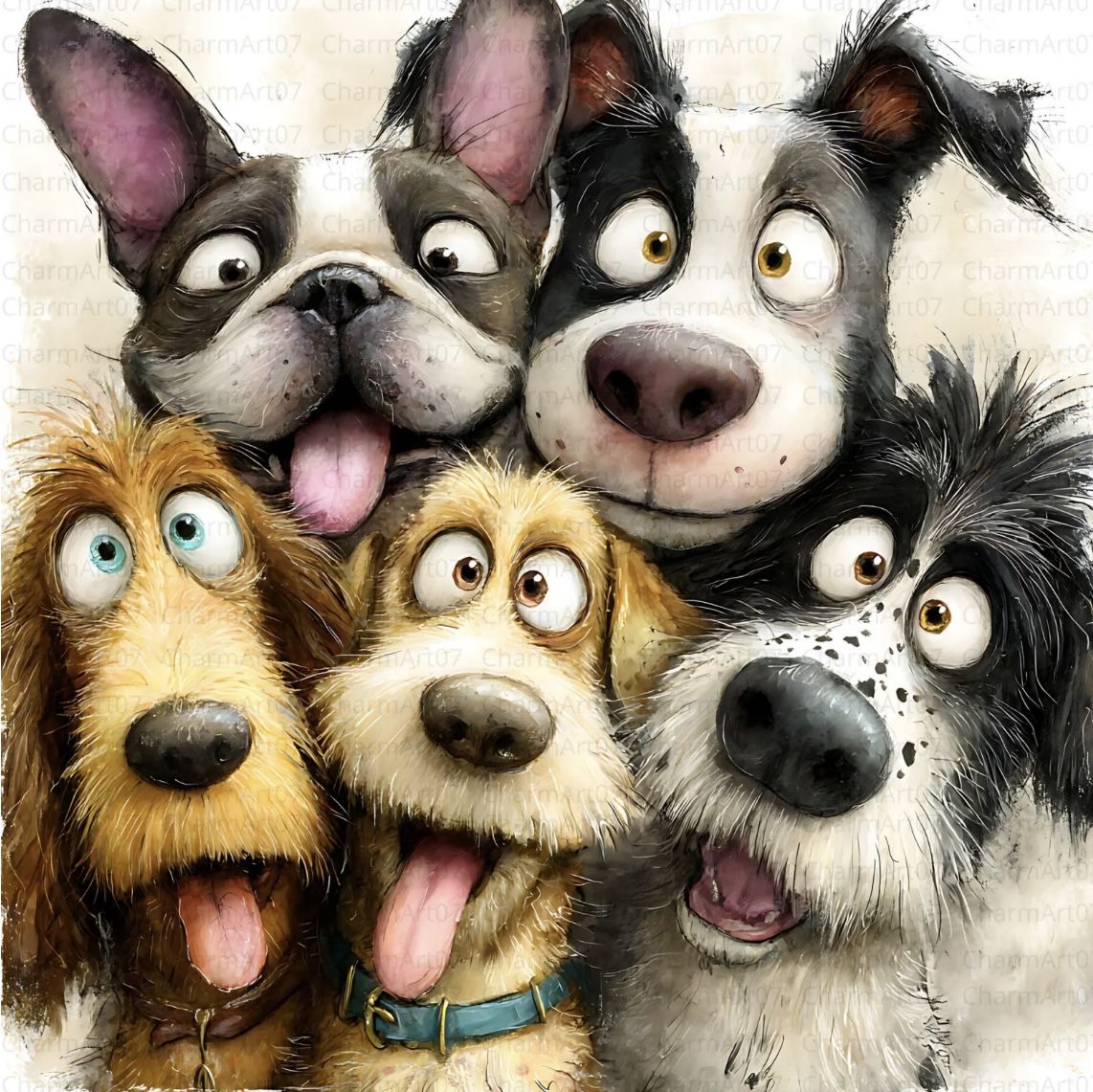 Illustration of five funny dogs with big eyes and playful faces clustered together