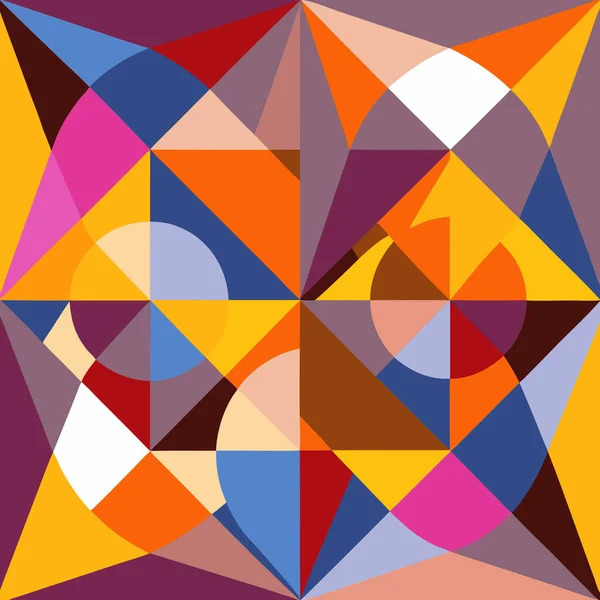 Abstract geometric pattern with colorful triangles, circles, and overlapping shapes