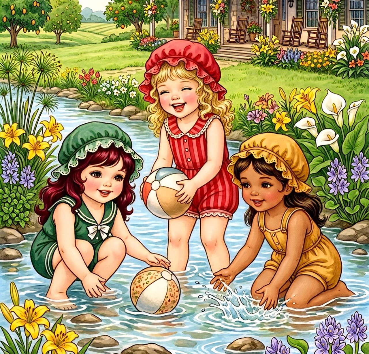 Three children in red swimsuits and bonnets playing in a garden stream with flowers