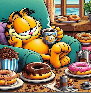 Garfield cartoon cat lounging on couch with donuts and coffee
