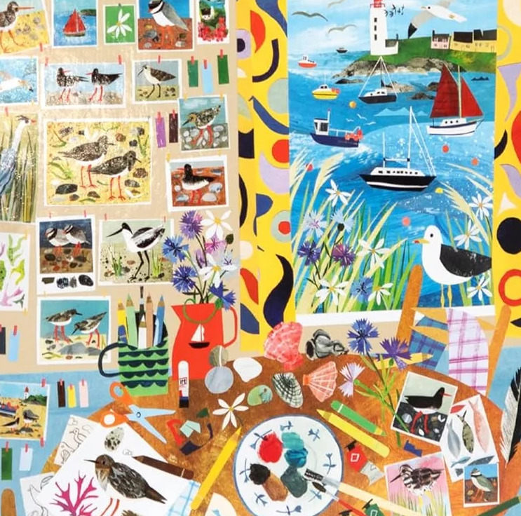 Colorful illustrated collage of coastal scenes with birds, boats, marine life, and nature stamps in patchwork layout