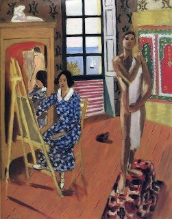 Colorful painting of artist's studio with woman painting at easel, standing figure, and model by window
