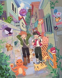 Anime trainers walking with Pikachu, Charmander and other Pokémon on a vibrant city street