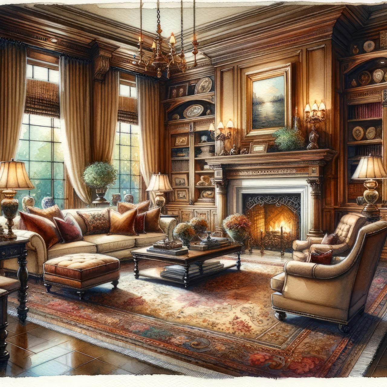 Elegant living room with fireplace, sofas, bookshelves, lamps, and a patterned rug