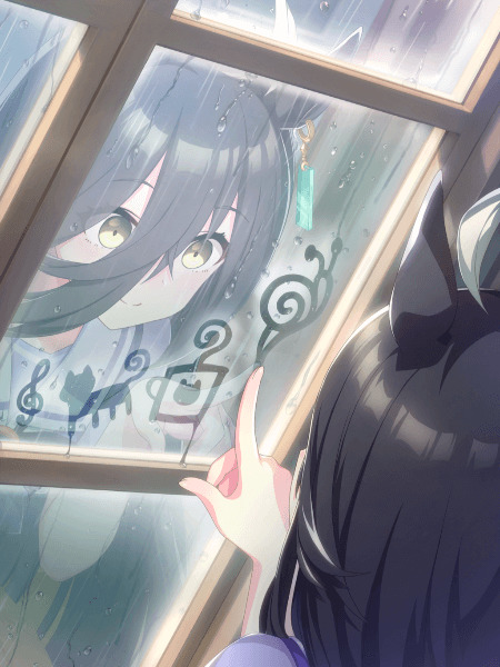 Anime girl Manhattan Cafe with horse ears holding drumsticks in the rain