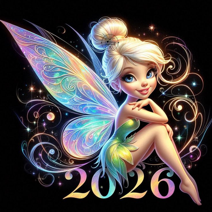 Colorful blonde fairy with glowing wings and the number 2026 on a black background