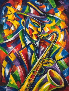 Colorful abstract painting depicting a stylized jazz musician playing saxophone in geometric fragmented shapes