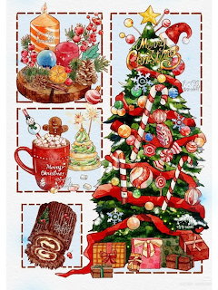 Illustrated Christmas collage with a decorated tree, gifts, ornaments, and holiday treats
