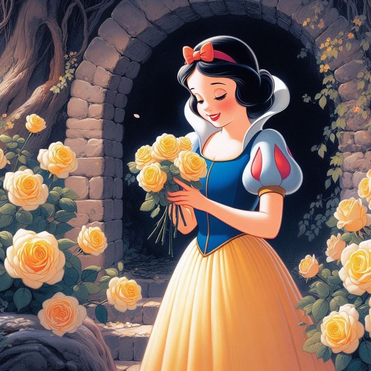 Snow White holding yellow roses in garden archway