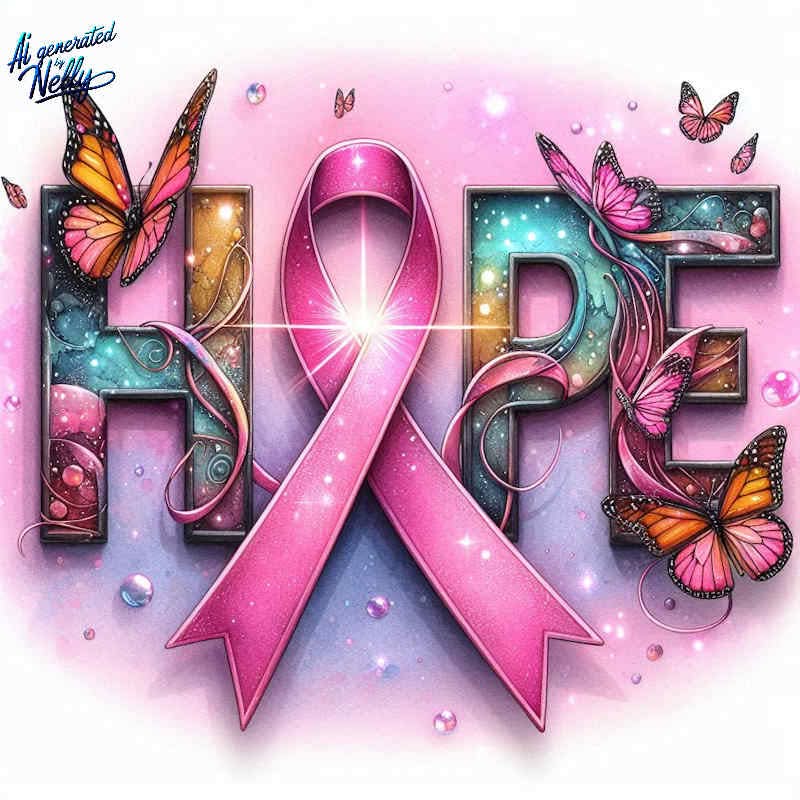 Pink awareness ribbon forming HOPE with colorful butterflies on a pastel background