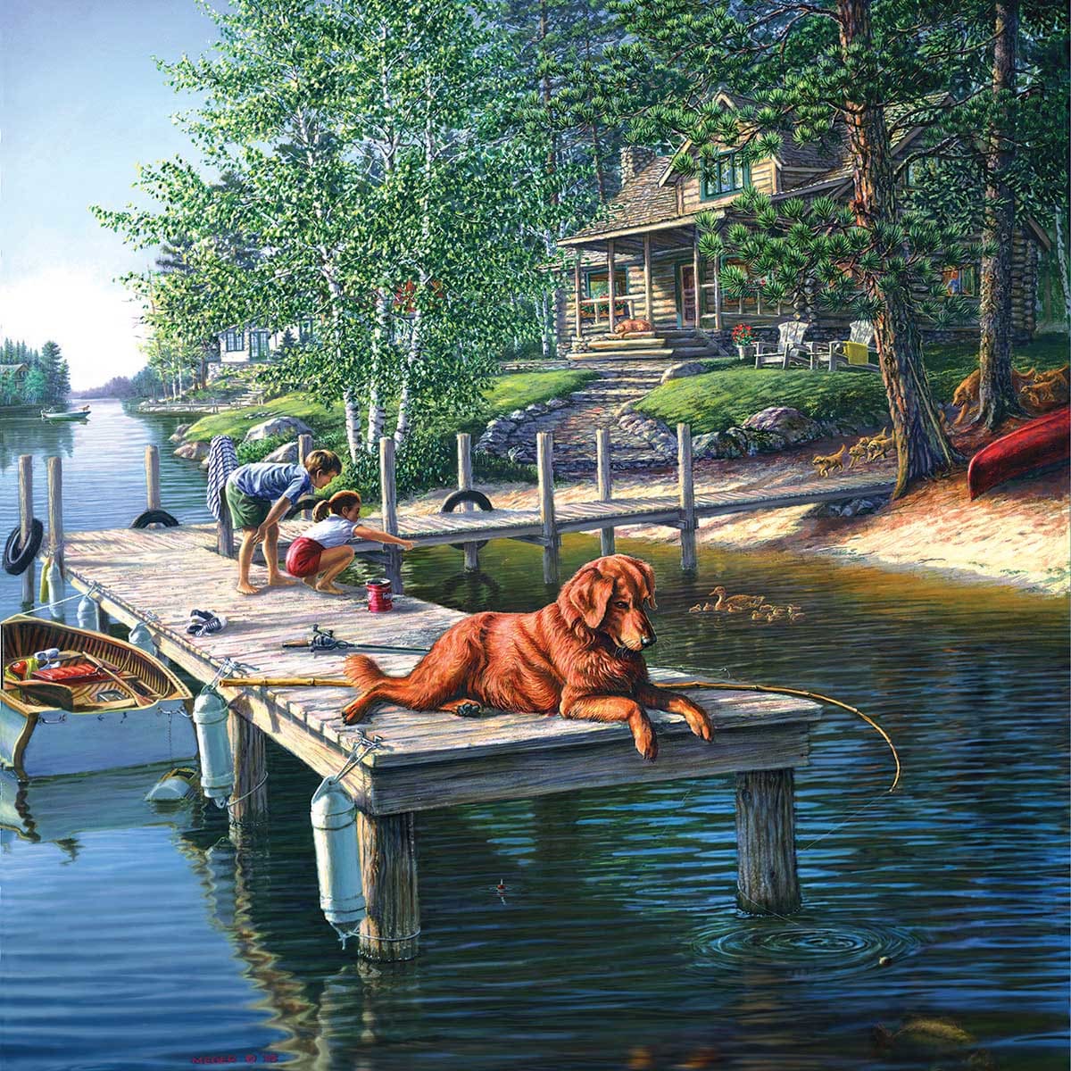 Dogs relaxing on dock by cabin at lakeside with pine trees and boats