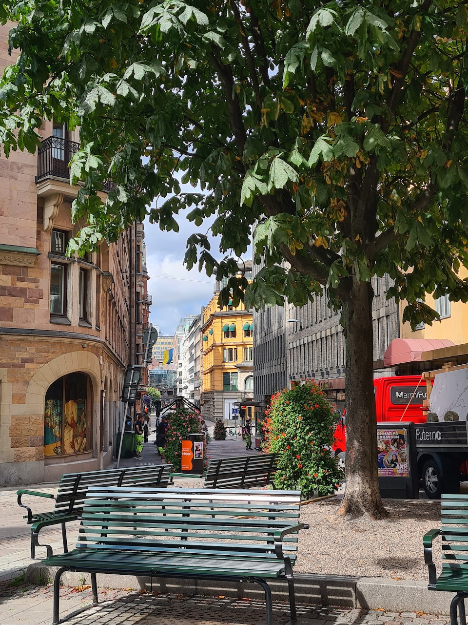 Park benches under a large tree on a Stockholm city street with European buildings and a red bus