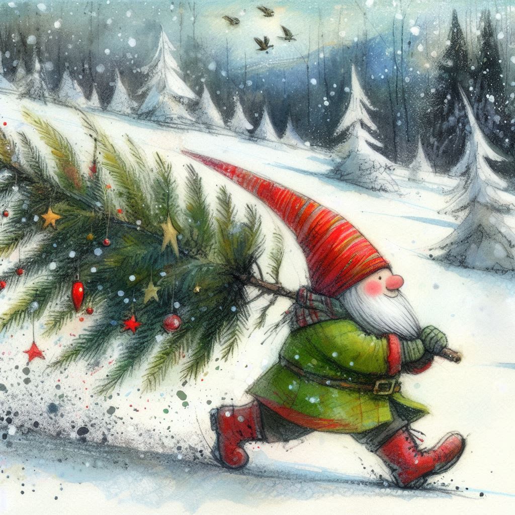 Illustration of Santa Claus walking through snow with a large evergreen branch on his back