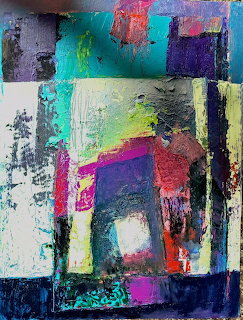 Colorful abstract painting with textured blocks of turquoise, magenta, yellow and navy blue in layered composition