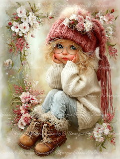 Illustration of girl in pink cap and cream sweater surrounded by pink and white flowers