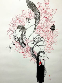 Snake and Peony Illustration