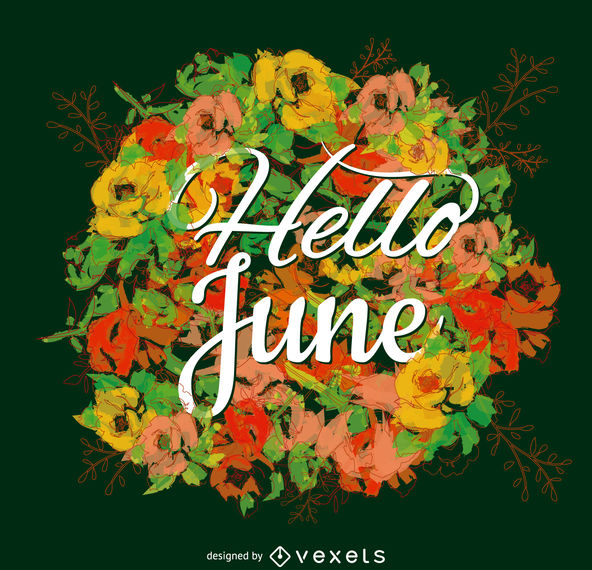 Floral wreath illustration with Hello June text on a dark green background