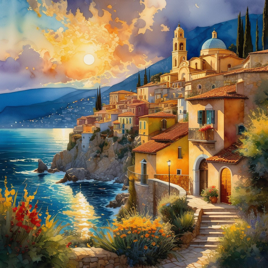 Painted Mediterranean village on cliffs at sunset with golden light reflecting on the ocean