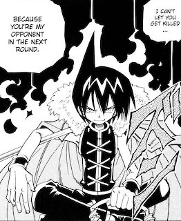 Black and white manga panel showing a winged character with dark hair and laced clothing speaking dialogue