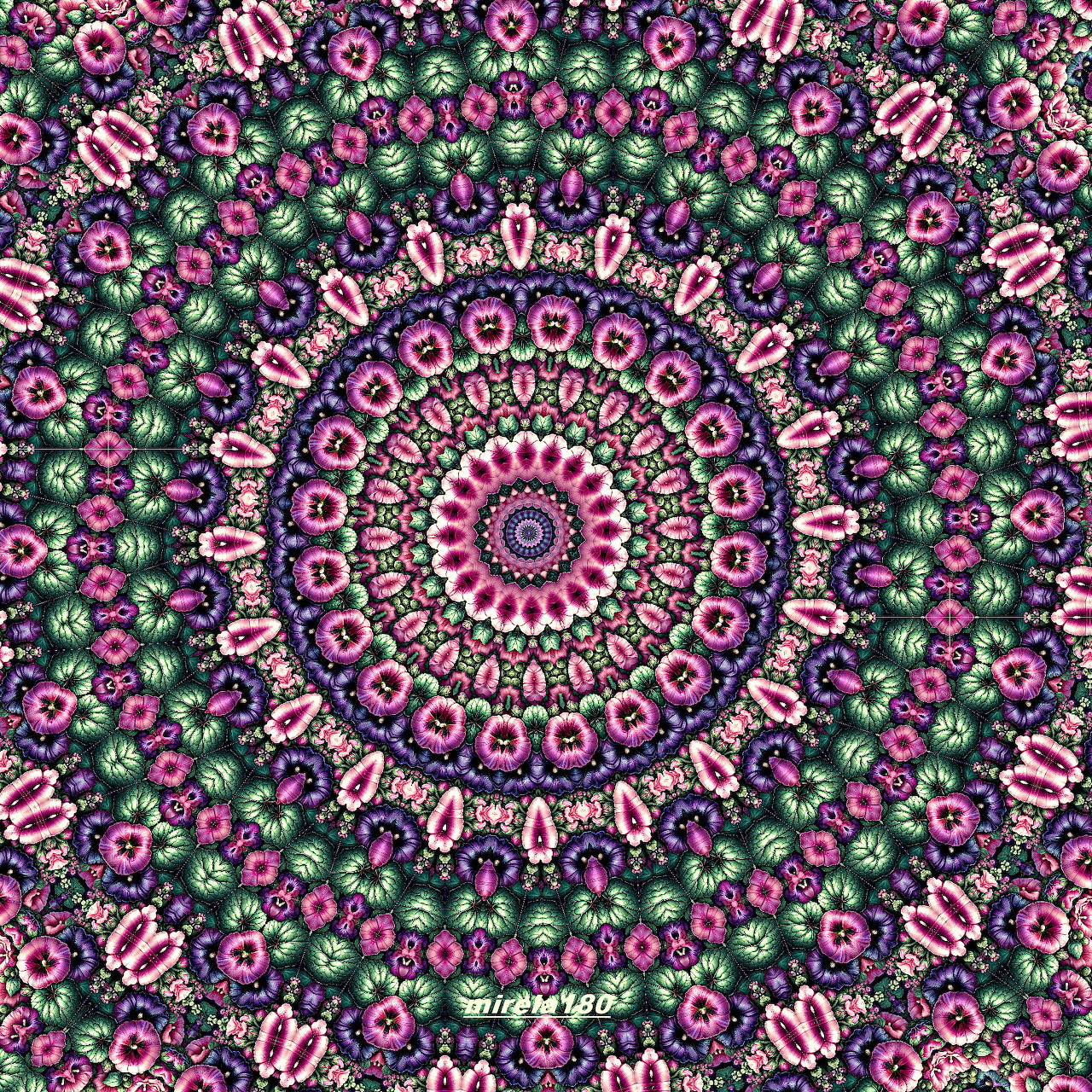 Colorful mandala with symmetrical geometric patterns in pink, purple, and teal on dark background
