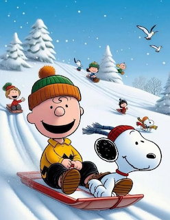 Charlie Brown and Snoopy ride a sled down a snowy hill while other children sled in the background