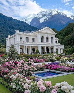 White neoclassical mansion with colorful rose gardens and a pool backed by snow-capped mountains