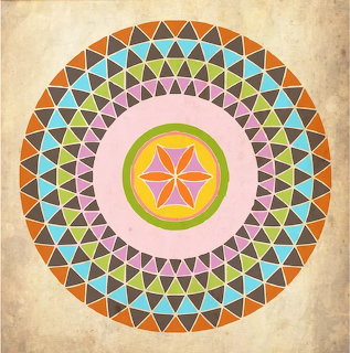 Geometric mandala with colorful triangular patterns in concentric circles around pink star center